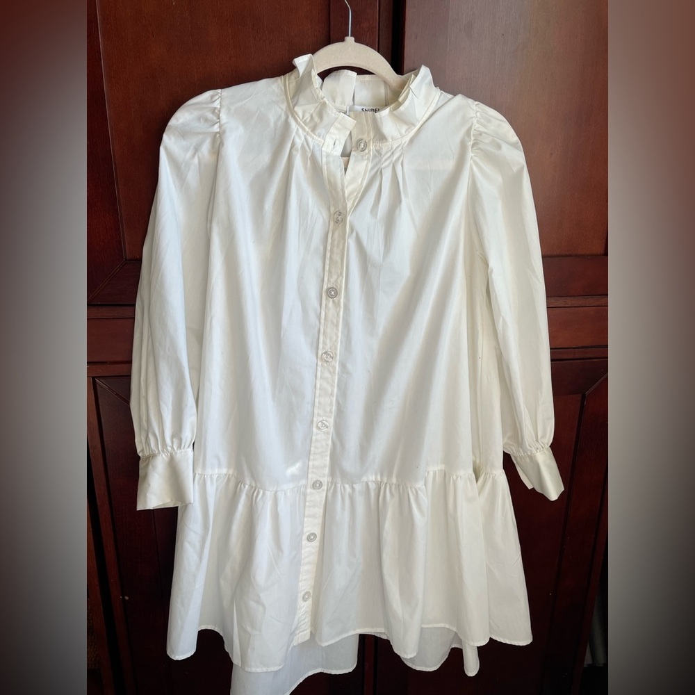 Snidel Long Sleeved Button Down White Dress Ruffled Collar Cuffed Sleeves